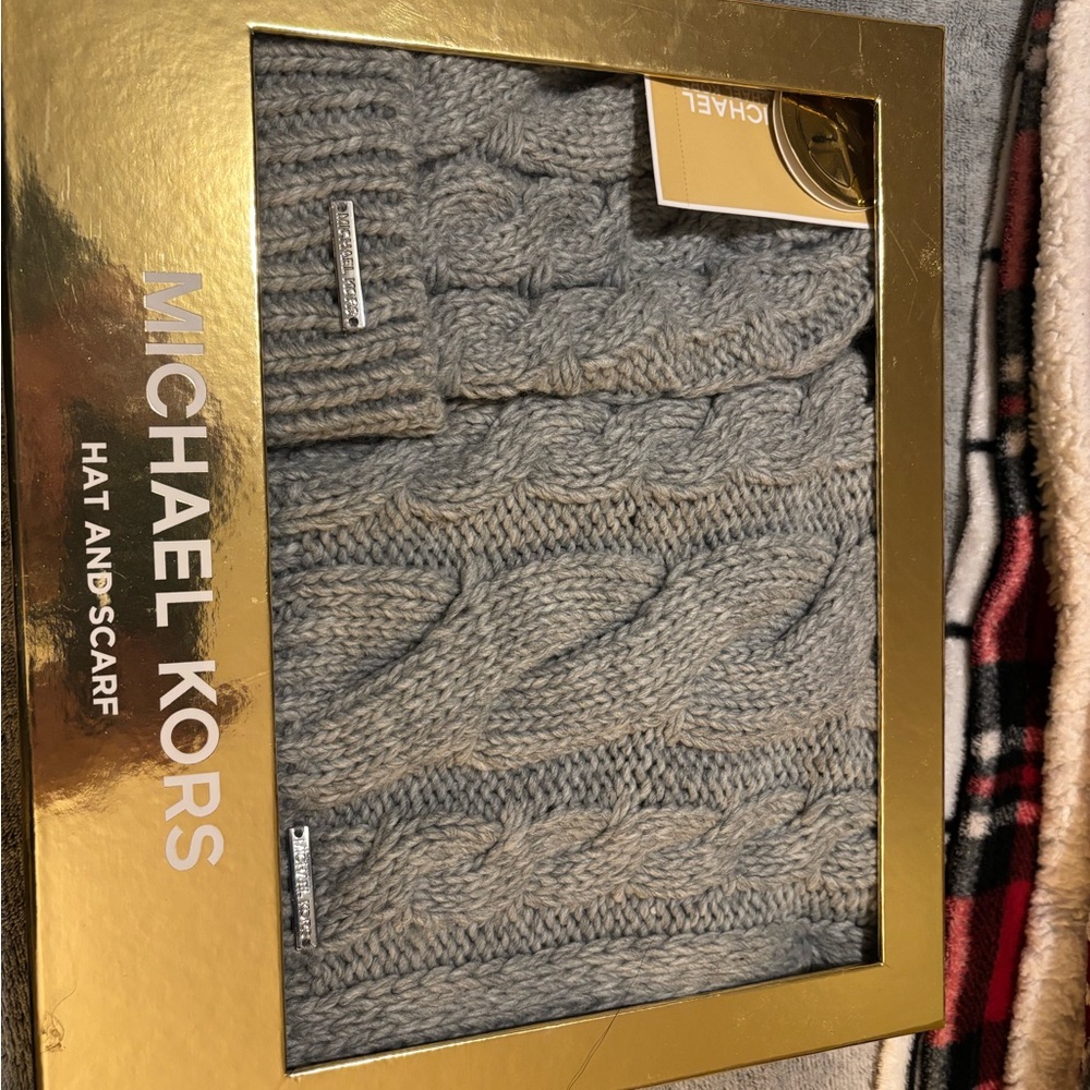 Brand new Michael Kors Heather Gray Cable Knit Scarf and beanie